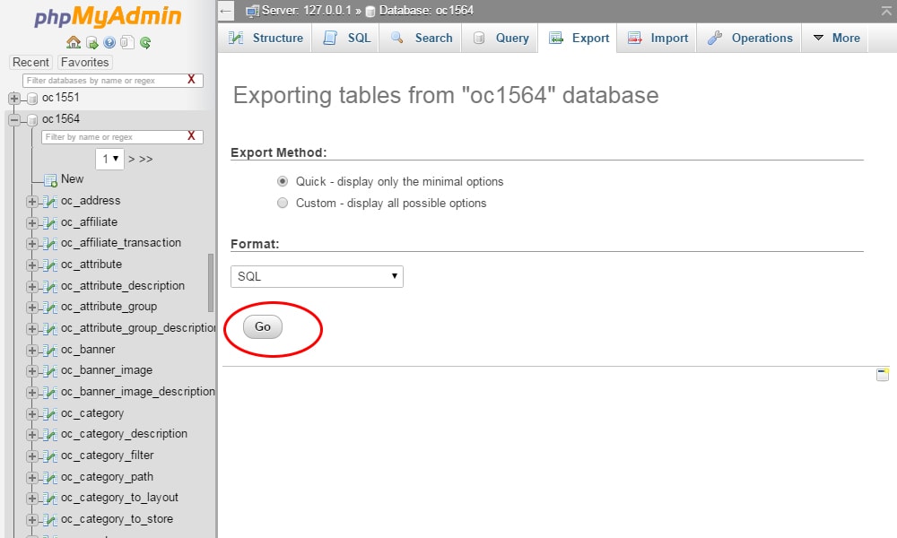 OpenCart Export Tables in PHP My Admin